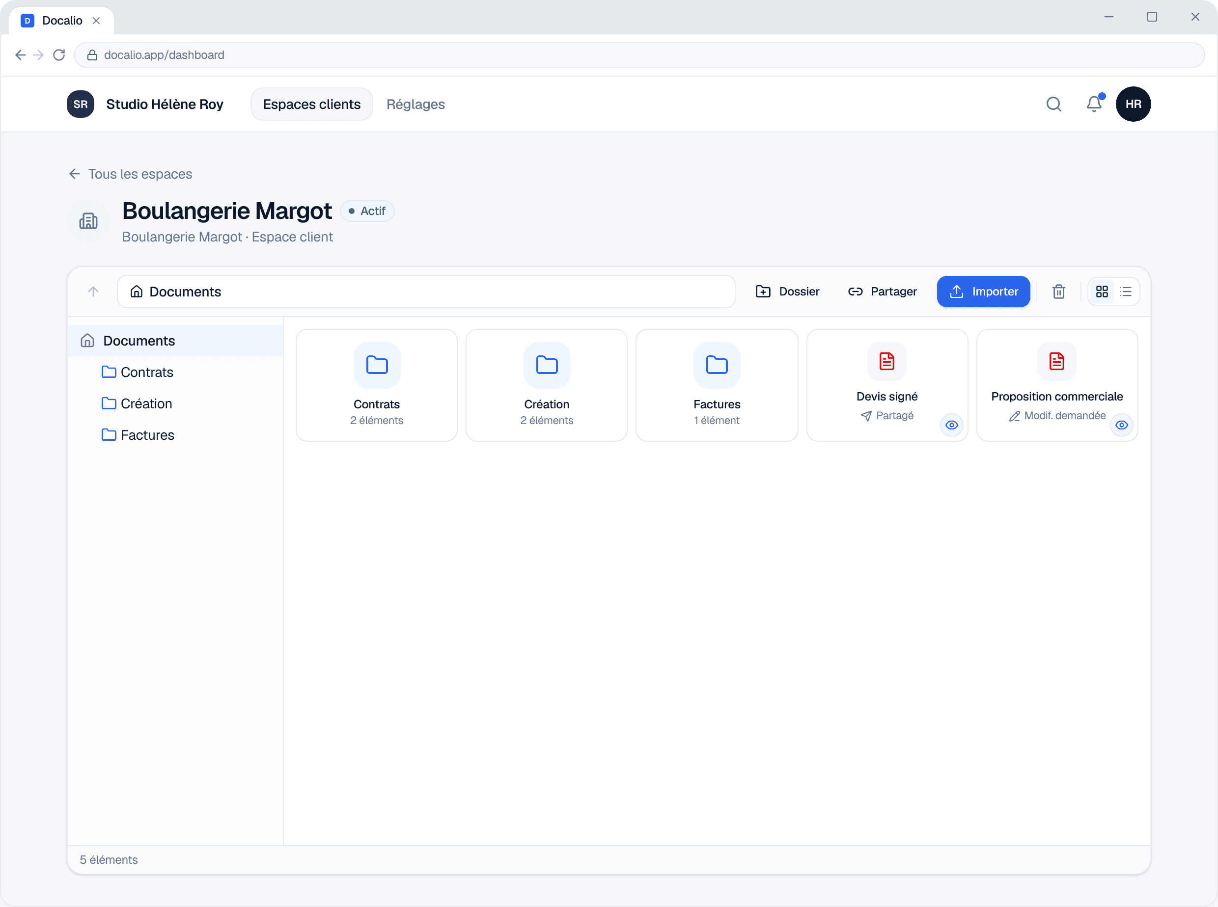 Le Drive Docalio : dossiers, fichiers partagés et corbeille dans un espace client